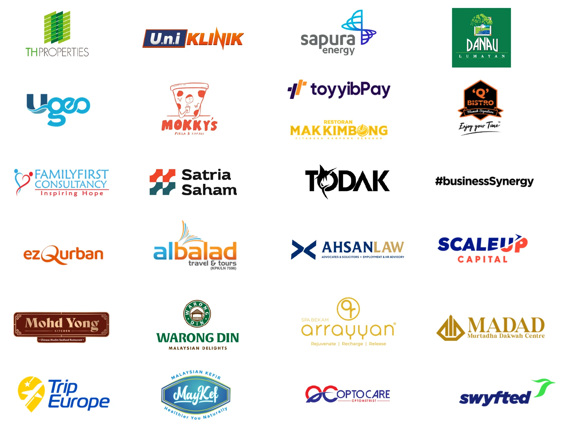 Client logos: TH Properties, U.N.I Klinik, Sapura Energy, Danau Lumayan, Ugeo, Mokky's, toyyibPay, Mak Kimbong, Q Bistro, FamilyFirst Consultancy, Satria Saham, Todak, businessSynergy, ezQurban, Al Balad, Ahsan Law, ScaleUp Capital, Mohd Yong, Warong Din, Arrayyan, Madad, Trip Europe, MayKef, OC Optocare and Swyfted