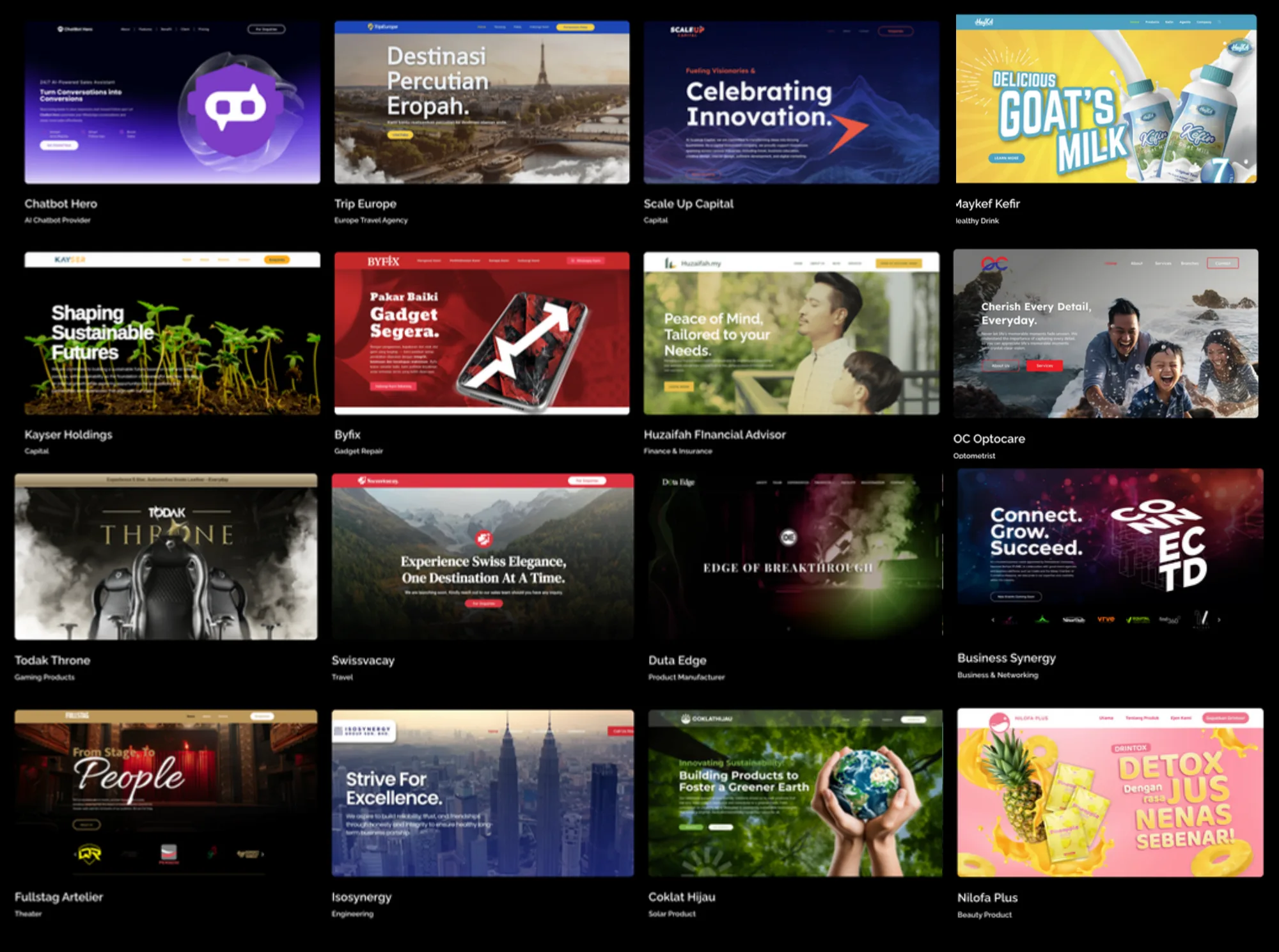 Website projects: Chatbot Hero, Trip Europe, Scale Up Capital, MayKef Kefir, Kaysee Holdings, Byfix, Huzaifah Financial Advisor, OC Optocare, Todak Throne, Swissvacay, Duta Edge, Business Synergy, Fullstag Artelier, Isosynergy, Coklat Hijau, Nicefa Plus